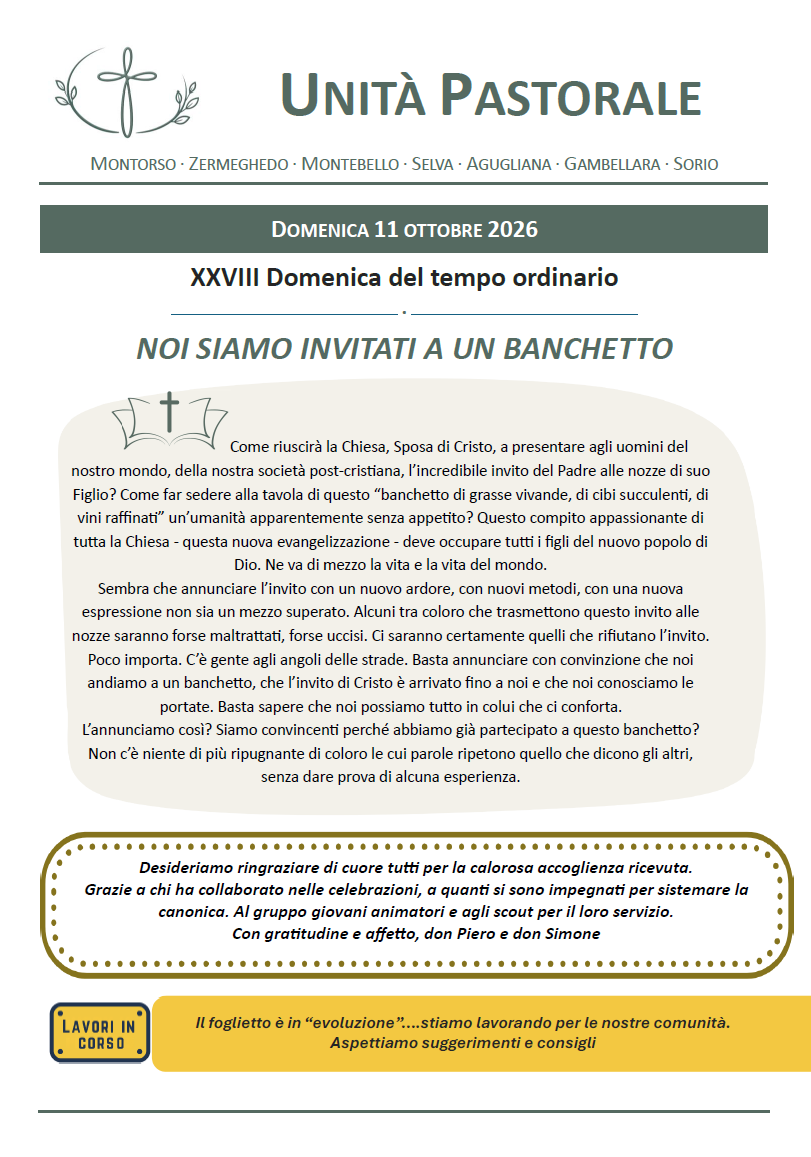Ecco il nuovo Bollettino Comunitario di domenica 11 ottobre 2026 uscito nelle parrocchie di Montorso Vicentino e Zermeghedo